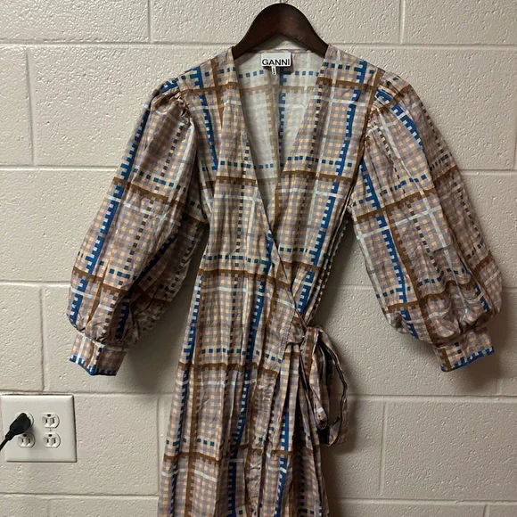 GANNI Checked Cotton-poplin Wrap Midi Dress Size 38 Medium 6 - Picture 4 of 13